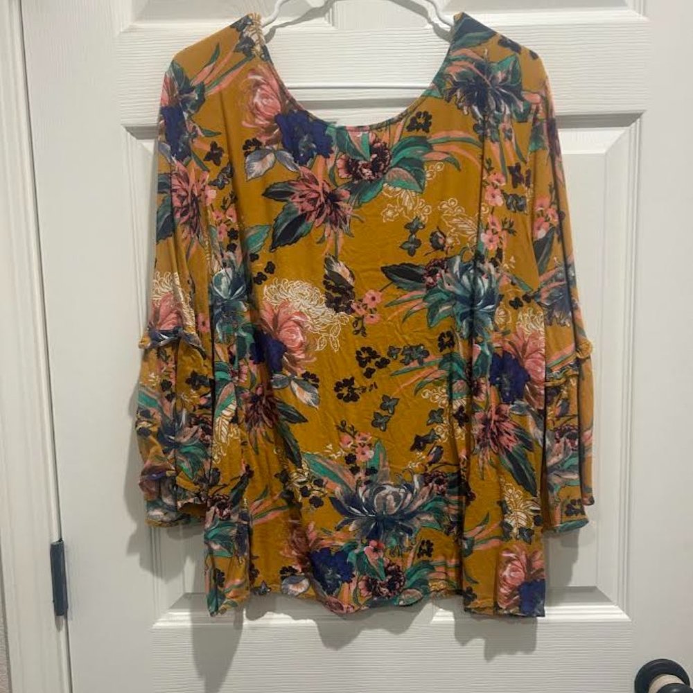 Mustard blouse with flair sleeves